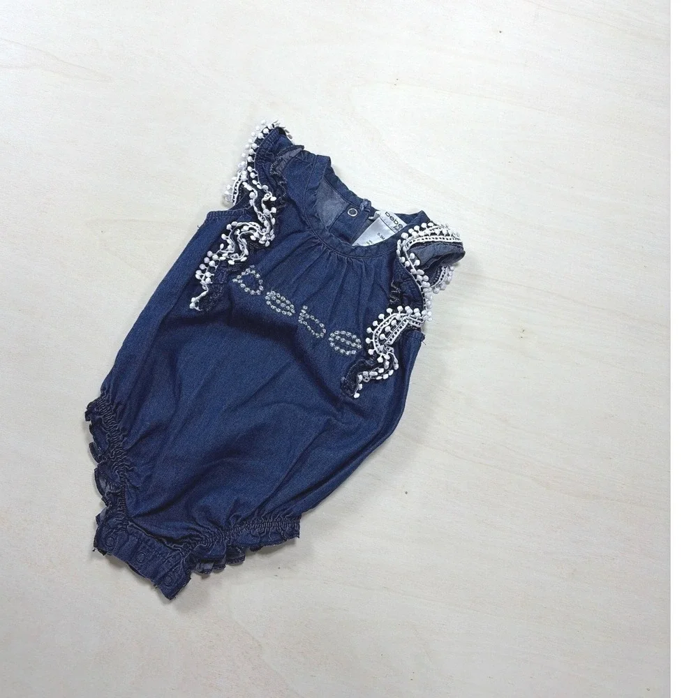 Bebe‎ Baby Denim Bubble Romper Dark Wash Rhinestone Logo Pom Pom Trim 0-3M